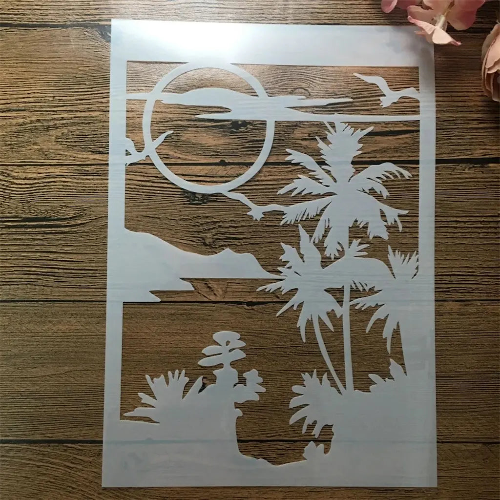 Pochoir paysage tropical avec palmiers, soleil et montagne pour décoration de pages de scrapbooking