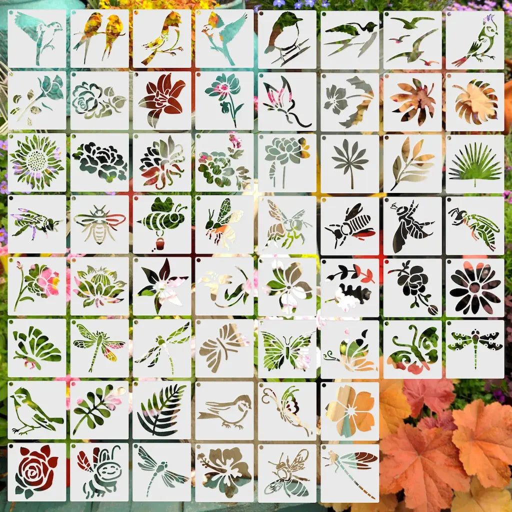 Pochoir oiseau floral lot 64 mini planches : oiseaux fleurs feuillages insectes en assortiment