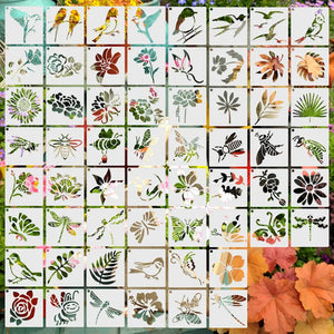 Pochoir oiseau floral lot 64 mini planches : oiseaux fleurs feuillages insectes en assortiment