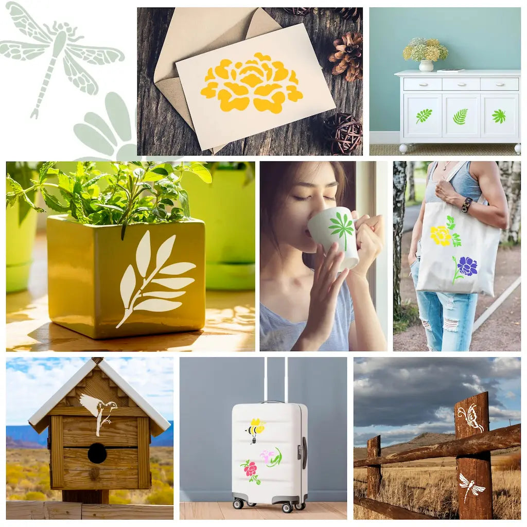 Pochoir oiseau floral inspirations : libellule papillon fleurs sur cadre nichoir et coussin