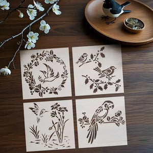Pochoir Oiseau quatre planches couronne mésange colibri perroquet