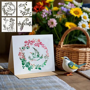 Pochoir Oiseau couronne fleurie peinte sur carte de vœux