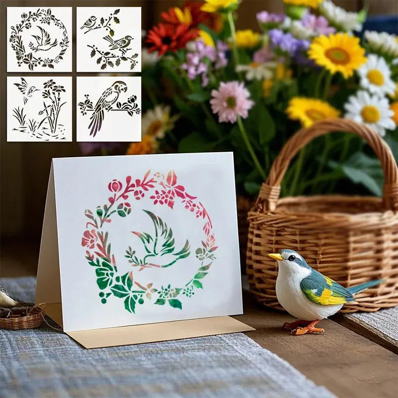 Pochoir Oiseau couronne fleurie peinte sur carte de vœux