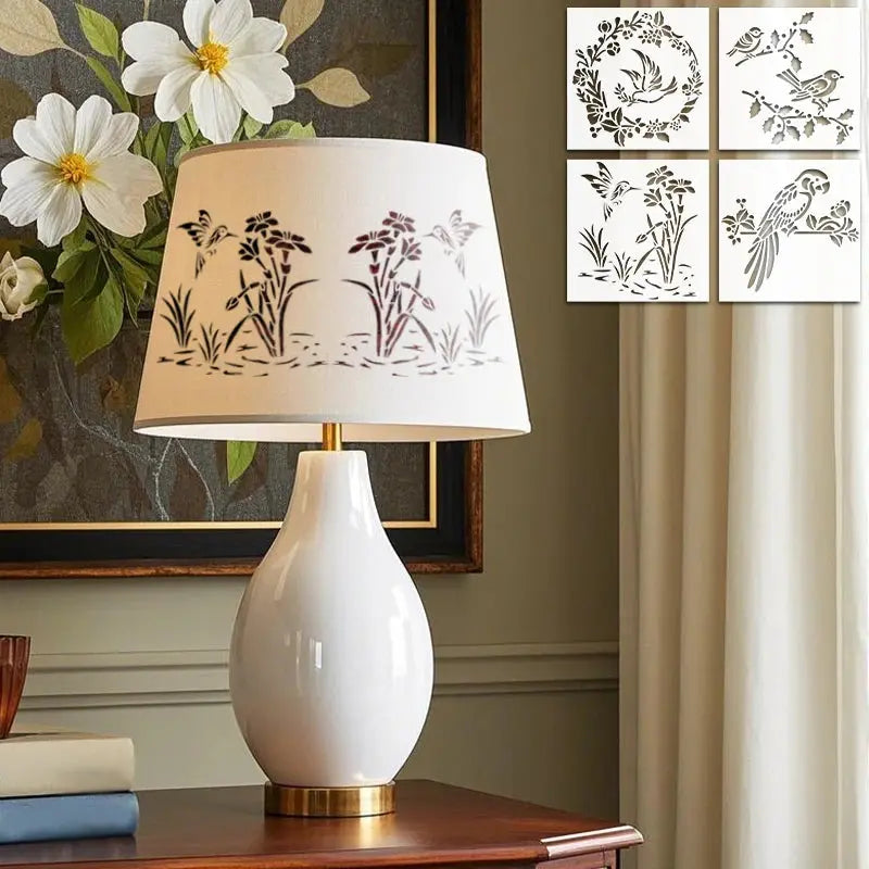 Pochoir Oiseau iris et colibri sur abat-jour de lampe