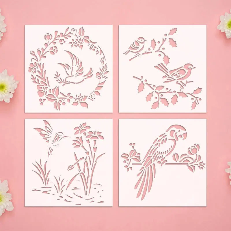 Pochoir Oiseau vue détaillée des quatre planches roses