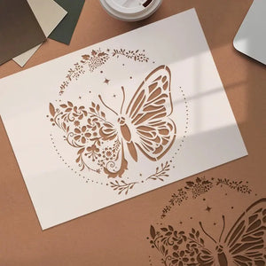 Pochoir Papillon Fleur motif boho dans cercle floral