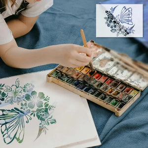 Pochoir Papillon Lune aquarelle bleue dégradée encadrée