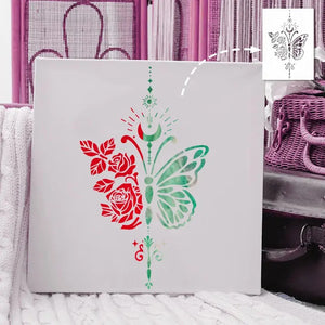 Pochoir Papillon Rose peint en rouge et vert sur toile encadrée