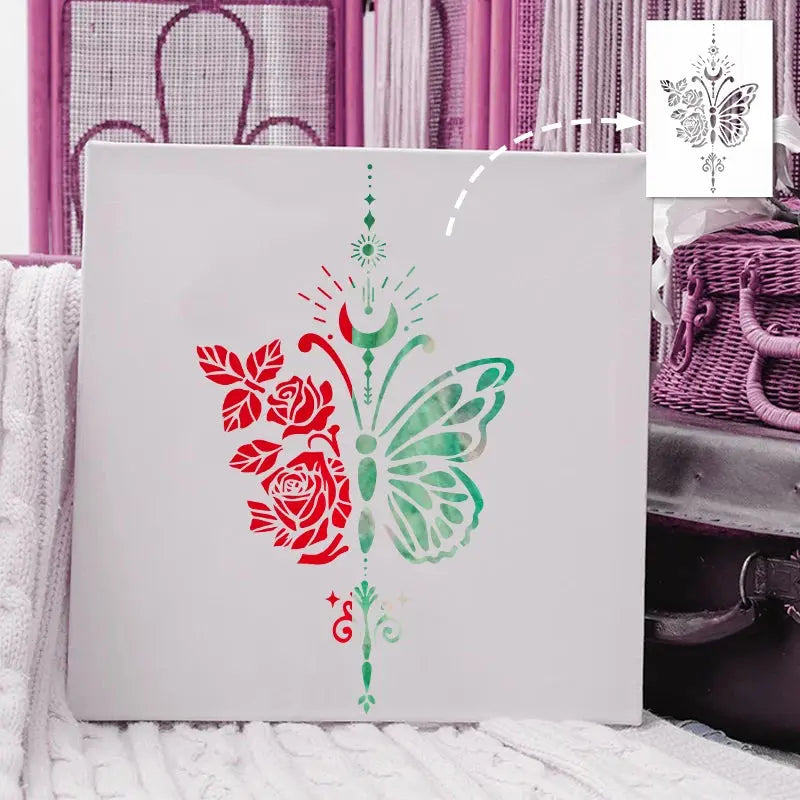 Pochoir Papillon Rose peint en rouge et vert sur toile encadrée