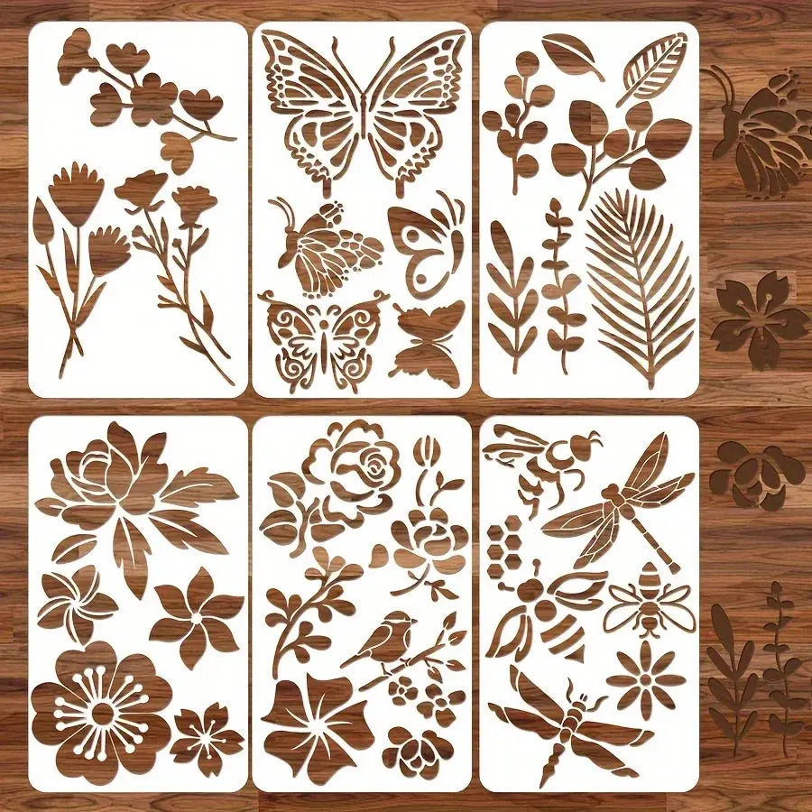 Pochoirs papillon lot 6 planches : papillons fleurs feuillages libellule et abeilles ajourés