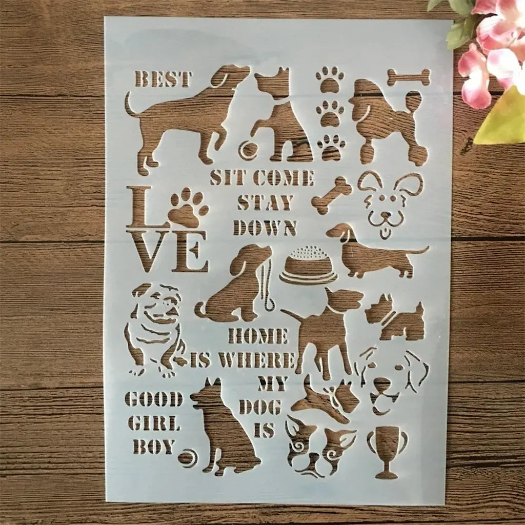 Pochoir patte de chien planche complète : chiens variés, pattes, os, mots Love Best Sit Come