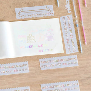 Pochoir peinture lettre alphabet bandes étroites, alphabet et bordures appliqués marqueurs colorés