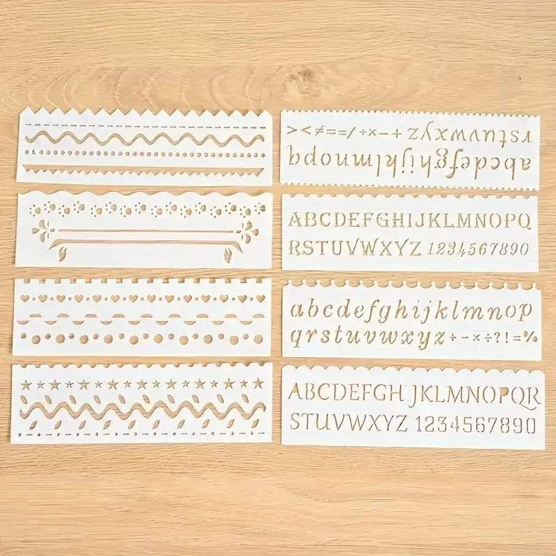Pochoir peinture lettre alphabet lot 8 bandes : alphabet bicasse chiffres bordures décoratives