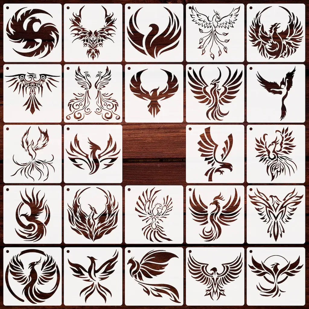 Pochoir phénix lot 25 oiseaux mythologiques, postures variées ailes déployées et flammes