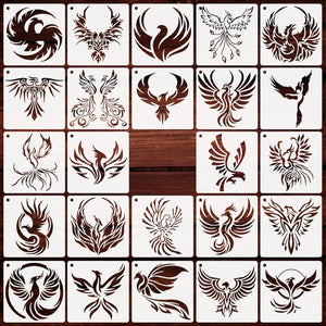 Pochoir phénix lot 25 oiseaux mythologiques, postures variées ailes déployées et flammes