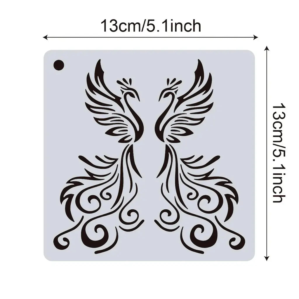 Pochoir phénix duo symétrique tribal noir, deux oiseaux face à face ailes déployées 13 cm