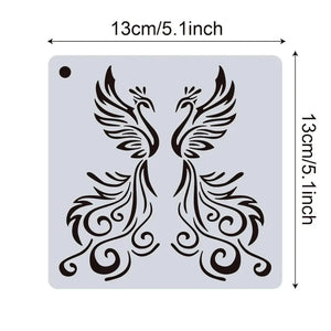 Pochoir phénix duo symétrique tribal noir, deux oiseaux face à face ailes déployées 13 cm