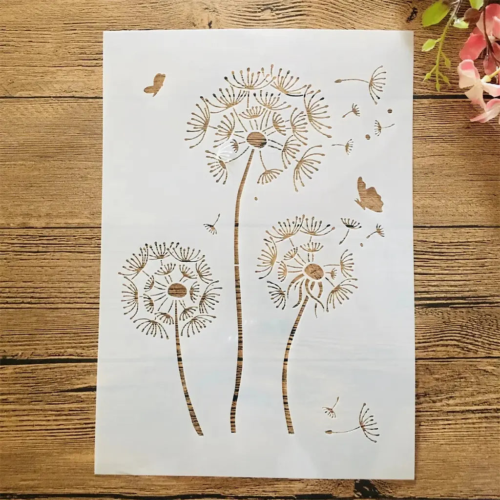 Pochoir trois pissenlits avec aigrettes envolées et papillons pour scrapbooking poétique
