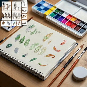 Pochoir Plume Oiseau aquarelle multicolore sur carnet