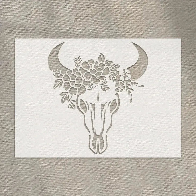 Pochoir Taureau vue détaillée du motif crâne fleuri