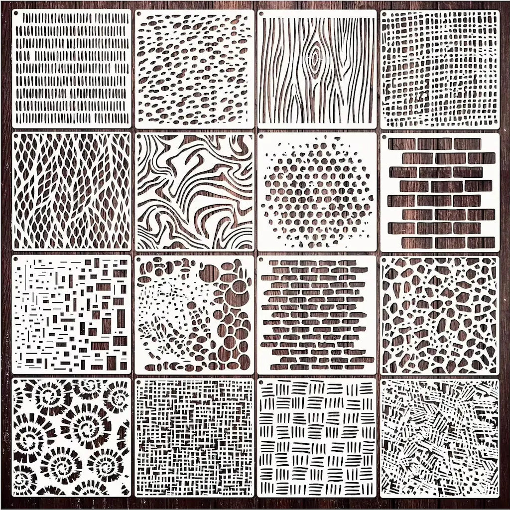 Pochoir texture lot 16 motifs assortis : pois rayures briques bois cellules mosaïques ajourées