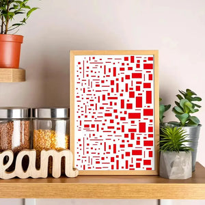 Pochoir texture rectangles éclatés rouges encadré bois clair, déco étagère cuisine plantes
