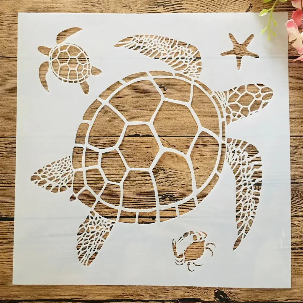 Pochoir grande tortue marine avec petite tortue, étoile de mer et crabe