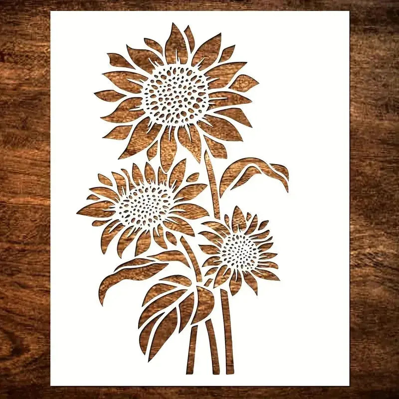 Pochoir tournesol trois fleurs en bouquet sur tige feuillée, format vertical ajouré sur bois