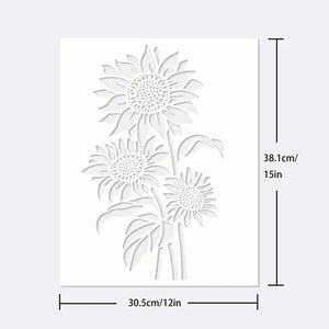 Pochoir tournesol vue détaillée 30 x 38 cm, motif vertical avec mesures sur fond clair