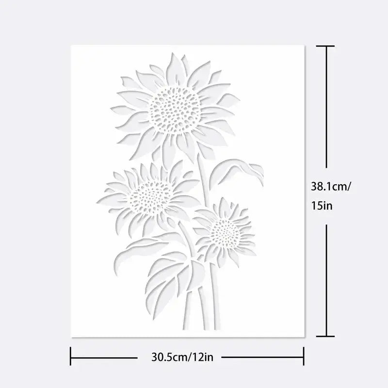 Pochoir tournesol vue détaillée 30 x 38 cm, motif vertical avec mesures sur fond clair
