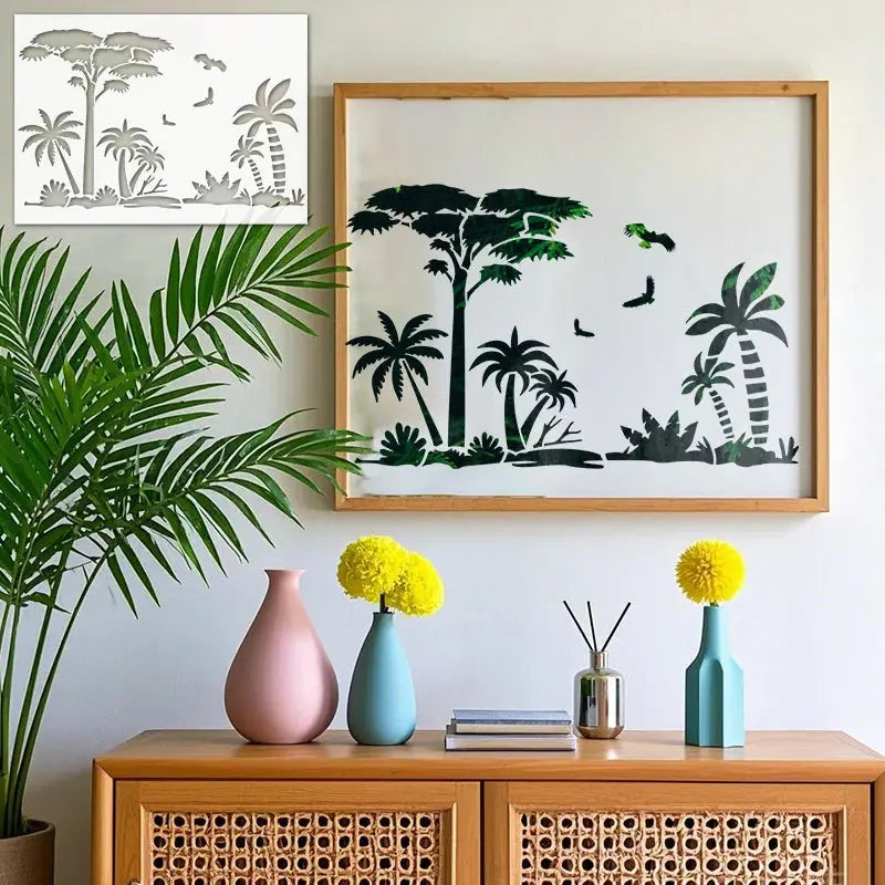 Pochoir Tropical en vert pour décoration intérieure encadrée