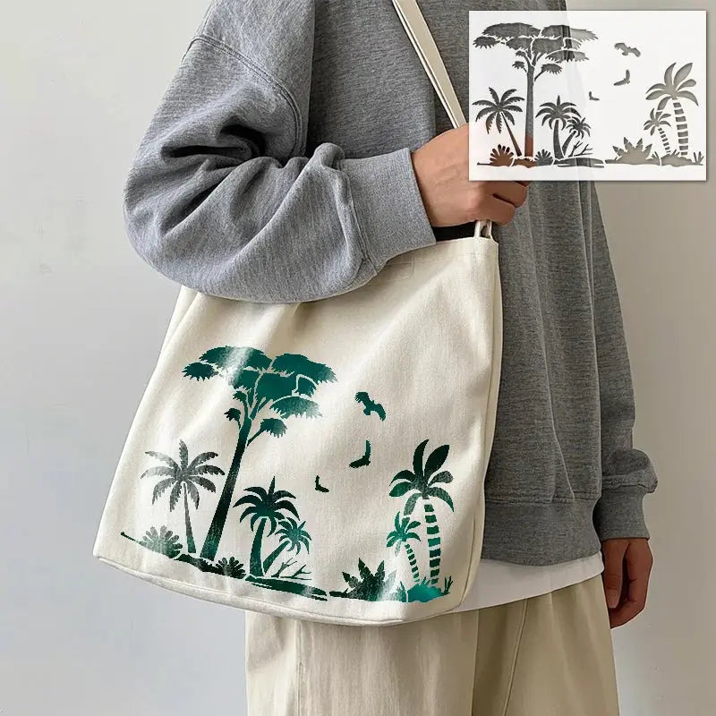 Pochoir Tropical pour personnaliser un sac en toile crème