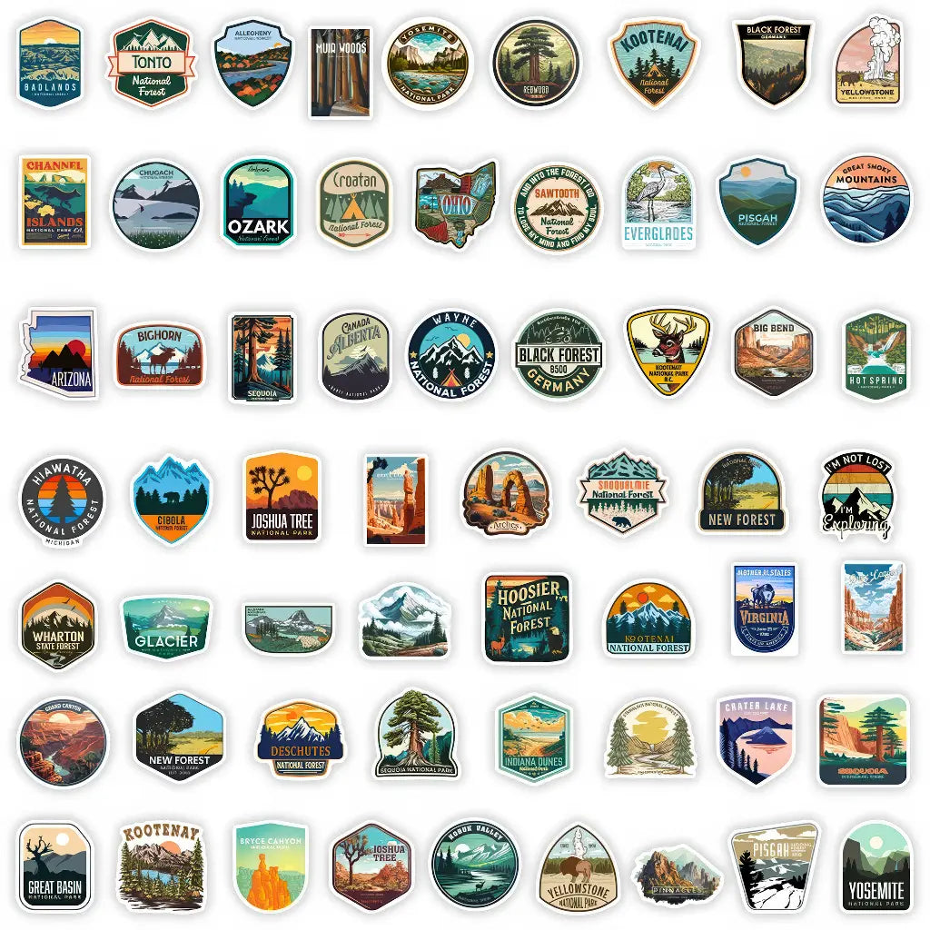 Collection complète 60 stickers road trip, parcs nationaux USA alignés
