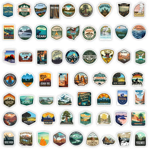 Collection complète 60 stickers road trip, parcs nationaux USA alignés