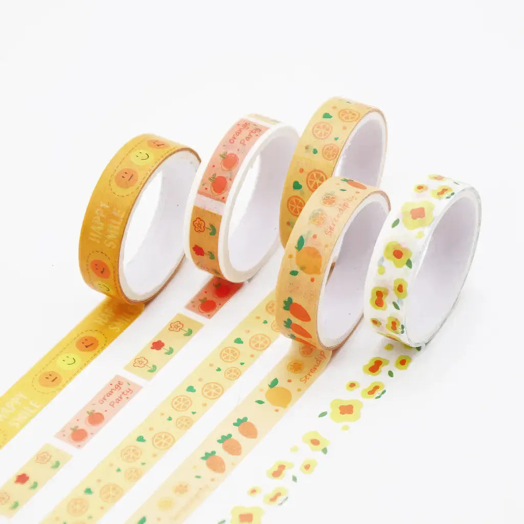 Ruban washi scrapbooking Jaune rétro : smileys, oranges, fleurs jaunes