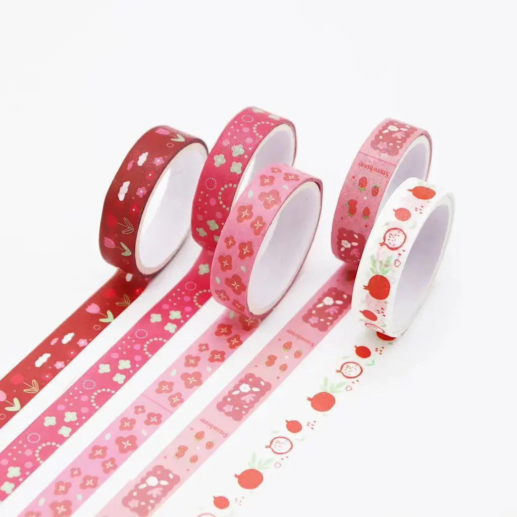 Ruban washi scrapbooking Rouge rétro : fraises, grenades, fleurs roses, motif fraise