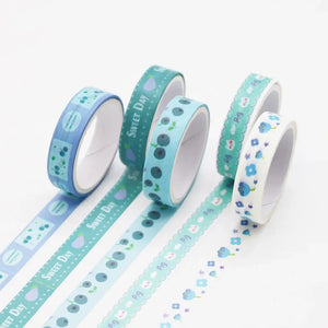 Ruban washi scrapbooking Bleu rétro : myrtilles, fleurs bleues, chats, aubergines