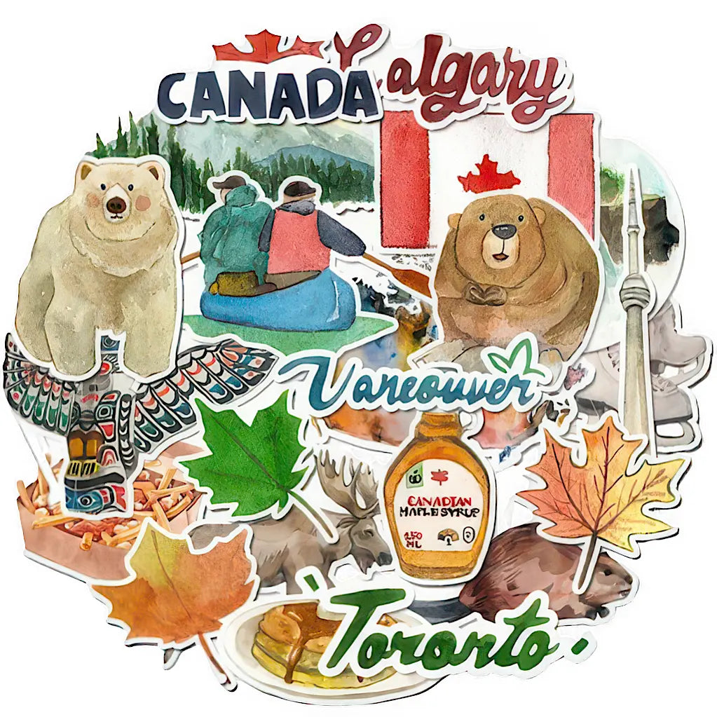Stickers Canada scrapbooking : ours, castor, sirop d'érable, Tour CN et calligraphies aquarelle
