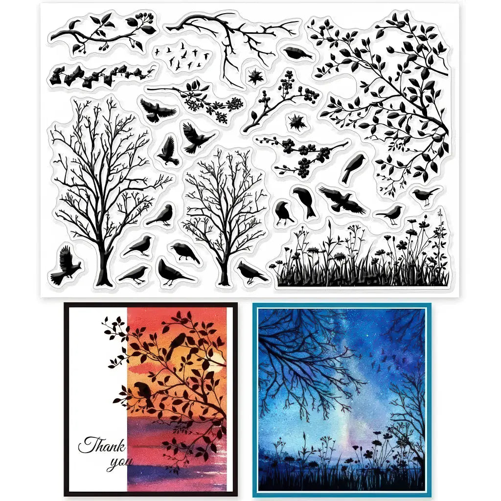 Planche de tampons Paysage scrapbooking en silicone, arbres et oiseaux, et cartes en ombres chinoises