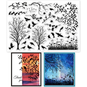 Planche de tampons Paysage scrapbooking en silicone, arbres et oiseaux, et cartes en ombres chinoises