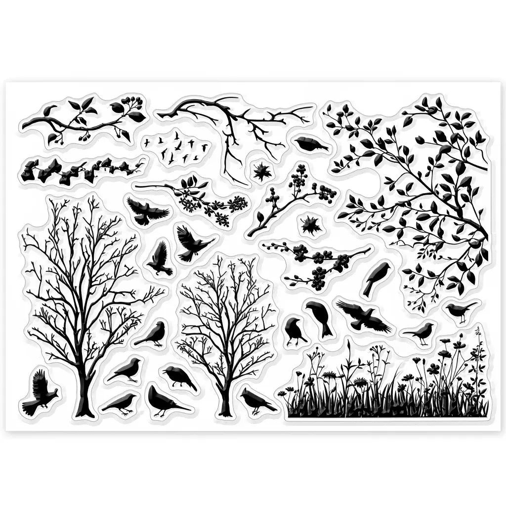 Planche de tampons Paysage scrapbooking en silicone, silhouettes d'arbres, d'oiseaux et de feuillages