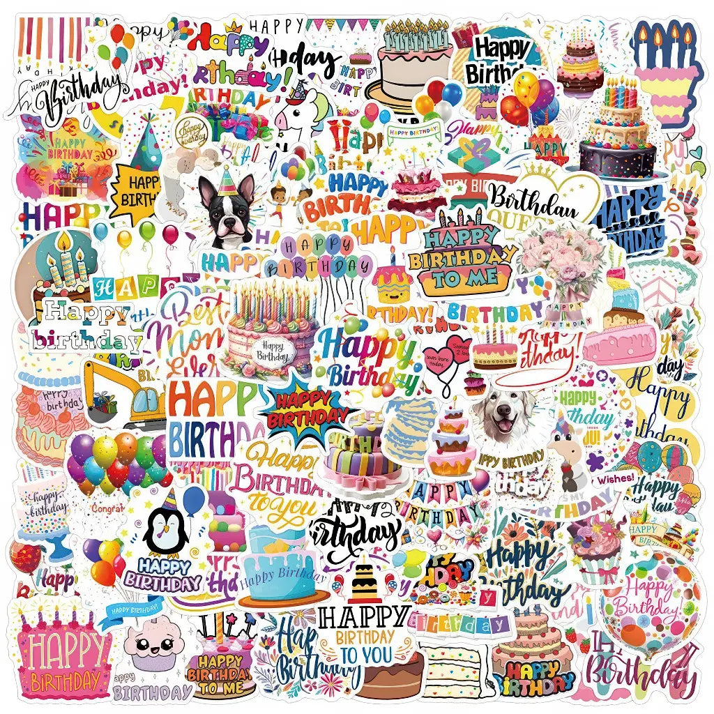 Stickers anniversaire scrapbooking : gâteaux, ballons, lettrages Happy Birthday colorés en vrac