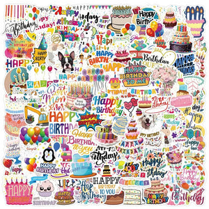 Stickers anniversaire scrapbooking : gâteaux, ballons, lettrages Happy Birthday colorés en vrac