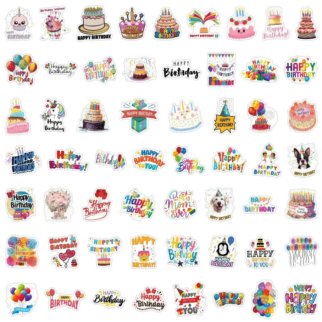 Stickers anniversaire scrapbooking, grille de 55 motifs : gâteaux étagés, ballons, animaux festifs