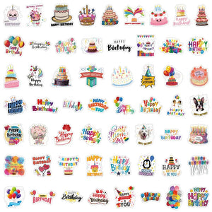 Stickers anniversaire scrapbooking, grille de 55 motifs : gâteaux étagés, ballons, animaux festifs