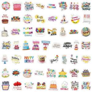 Collection complète 110 stickers anniversaire scrapbooking : lettrages, gâteaux, confettis, ballons
