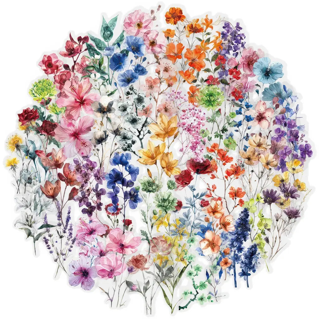 Lot d'autocollants fleurs aquarelle pour scrapbooking, large palette de couleurs sur fond transparent