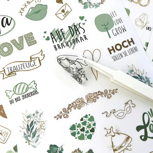 Détail des stickers mariage scrapbooking, motifs eucalyptus et calligraphies