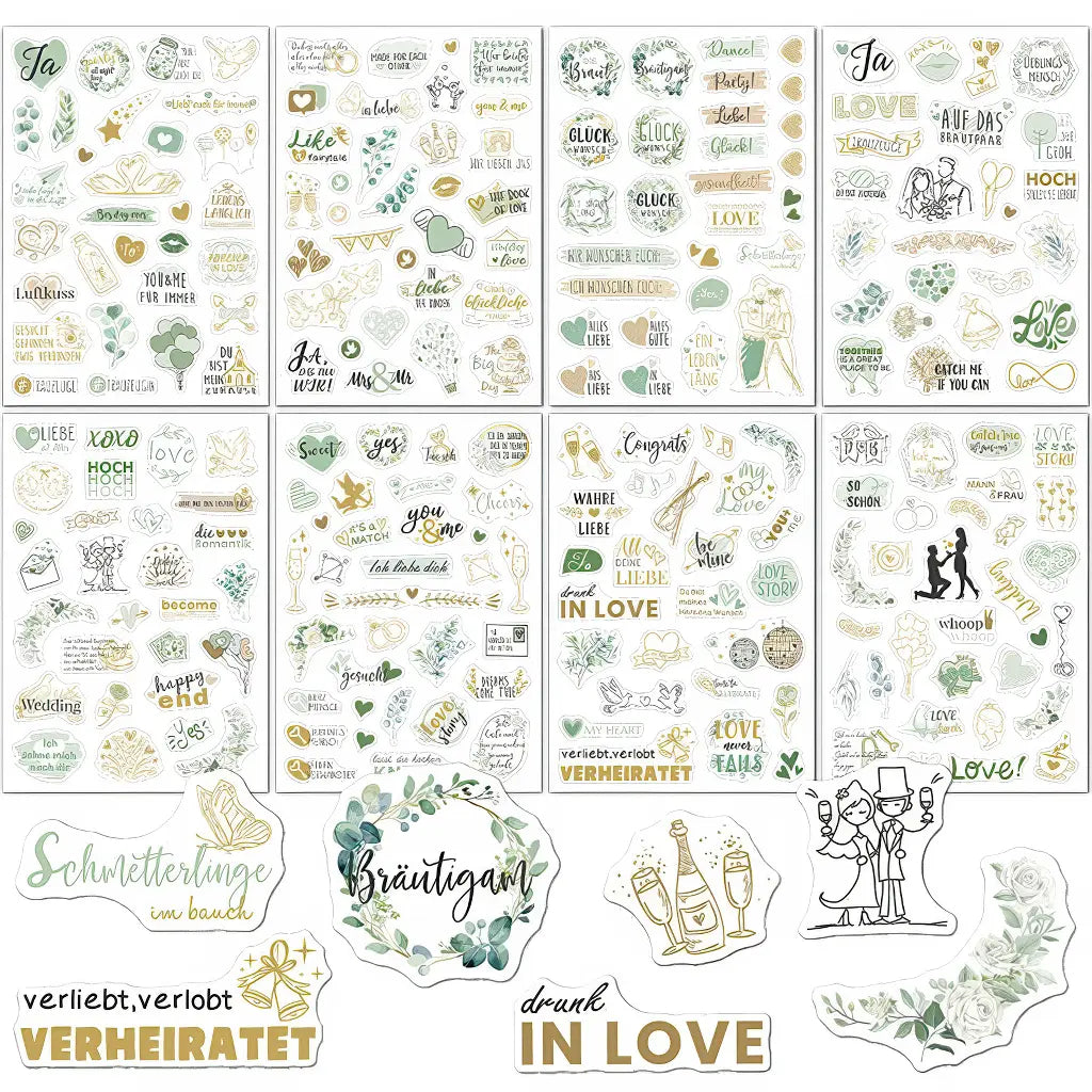 Stickers mariage scrapbooking, planches vert eucalyptus complètes