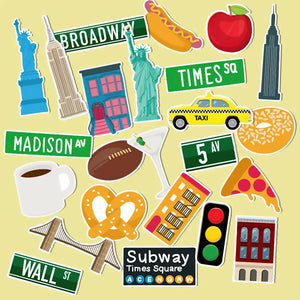 Stickers New York scrapbooking sur fond jaune : monuments, panneaux Madison Av, Wall St, hot dog, pretzel
